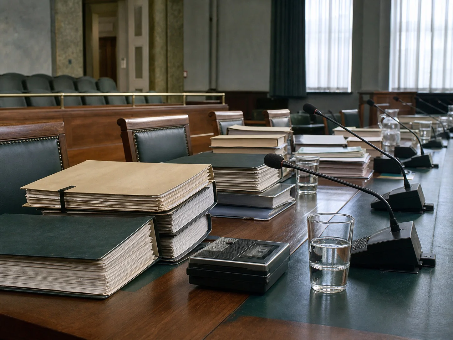Sfeerverbeelding van dossiers en microfoons in een onderzoekszaal